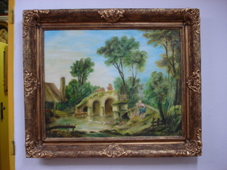 Romantická krajina s mostem, olej na plátně, 83×100cm, rám-zrest. antik, 13 800,-kč