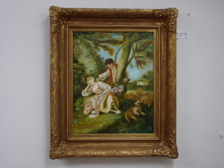 Romantika-spánek, olej na plátně, 69×59, rám-zrest. antik, 7200,-kč