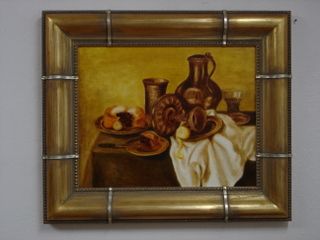Zátiší s borůvkovým koláčem a citrónem, olej na plátně, 58×68cm, 6900,-kč
